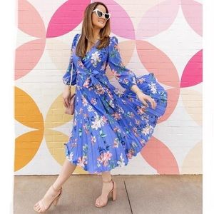 Eliza J Pleated Faux Wrap Blue Floral Midi Dress